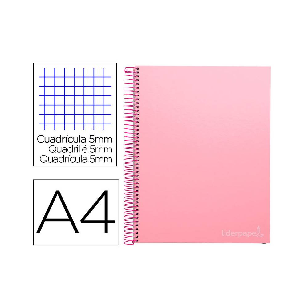 Cuaderno espiral liderpapel a4 micro jolly tapa forrada 140h 75 gr cuadro 5mm 5 bandas 4 taladros color rosa