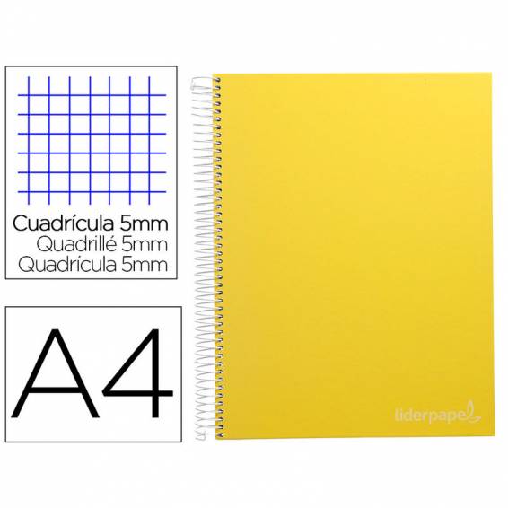 Cuaderno espiral liderpapel a4 micro jolly tapa forrada 140h 75 gr cuadro 5mm 5 bandas4 taladros color amarillo