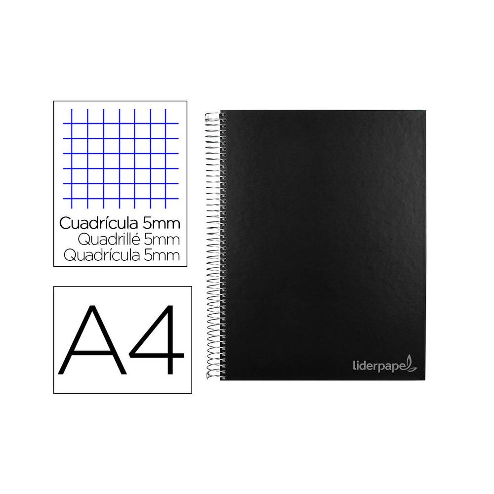 Cuaderno espiral liderpapel a4 micro jolly tapa forrada 140h 75 gr cuadro 5mm 5 bandas 4 taladros color negro