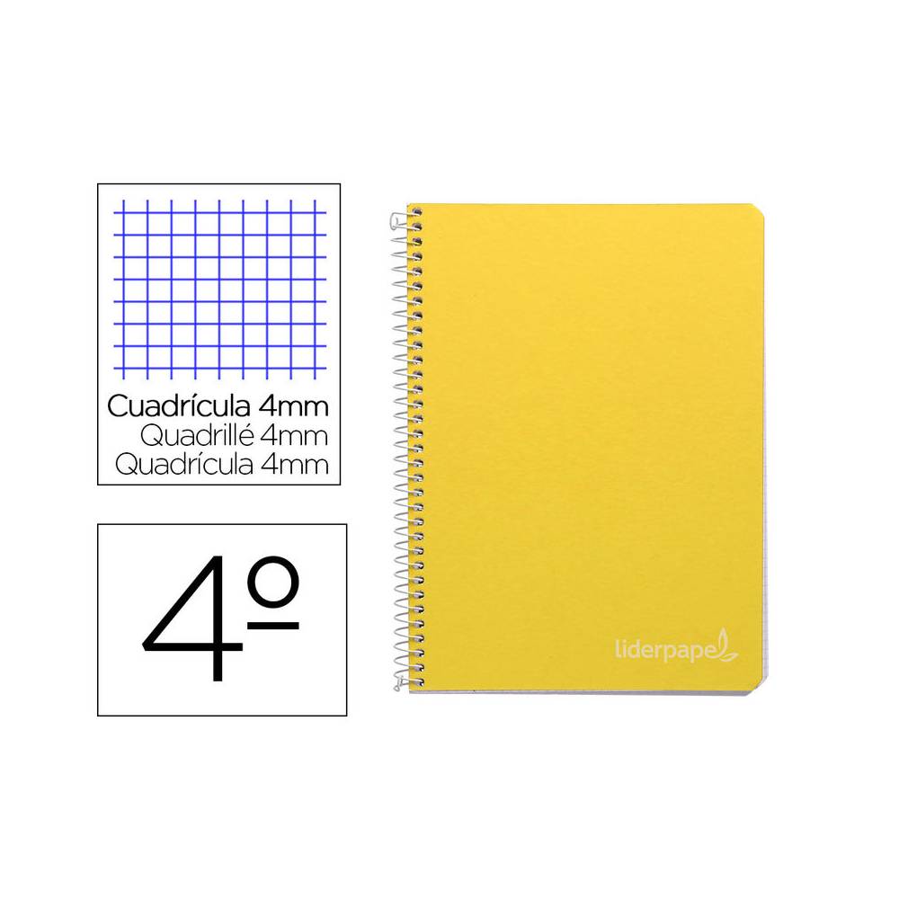 Cuaderno espiral liderpapel cuarto witty tapa dura 80h 75gr cuadro 4mm con margen color amarillo