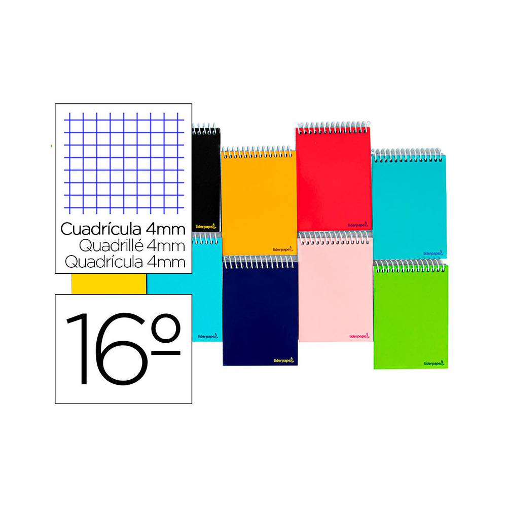 Cuaderno espiral liderpapel bolsillo dieciseavo apaisado smart tapa blanda 80h 60gr cuadro 4mm colores surtidos