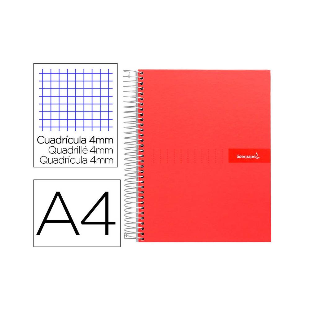 Cuaderno espiral liderpapel a4 crafty tapa forrada 80h 90 gr cuadro 4mm con margen color roja