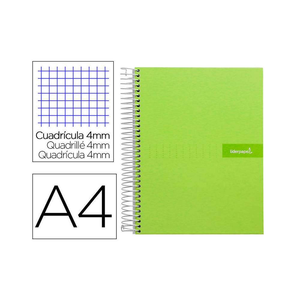 Cuaderno espiral liderpapel a4 crafty tapa forrada 80h 90 gr cuadro 4mm con margen color verde