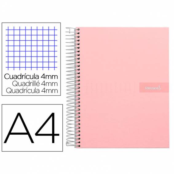 Cuaderno espiral liderpapel a4 crafty tapa forrada 80h 90 gr cuadro 4mm con margen color rosa