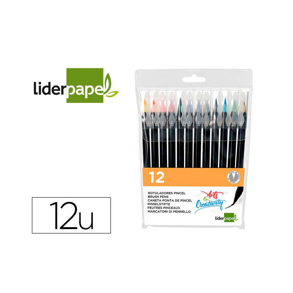 Rotulador liderpapel punta pincel extra suave bolsa de 12 unidades colores surtidos