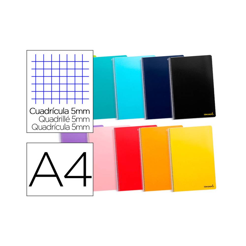 Cuaderno espiral liderpapel a4 micro smart tapa blanda 80h60gr cuadro 5mm doble margen 4 taladros colores surtidos