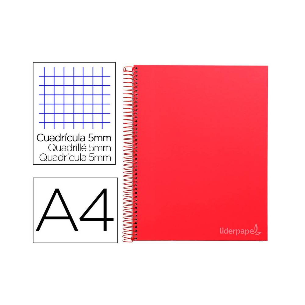 Cuaderno espiral liderpapel a4 micro jolly tapa forrada 140h 75 gr cuadro 5mm 5 bandas 4 taladros color rojo