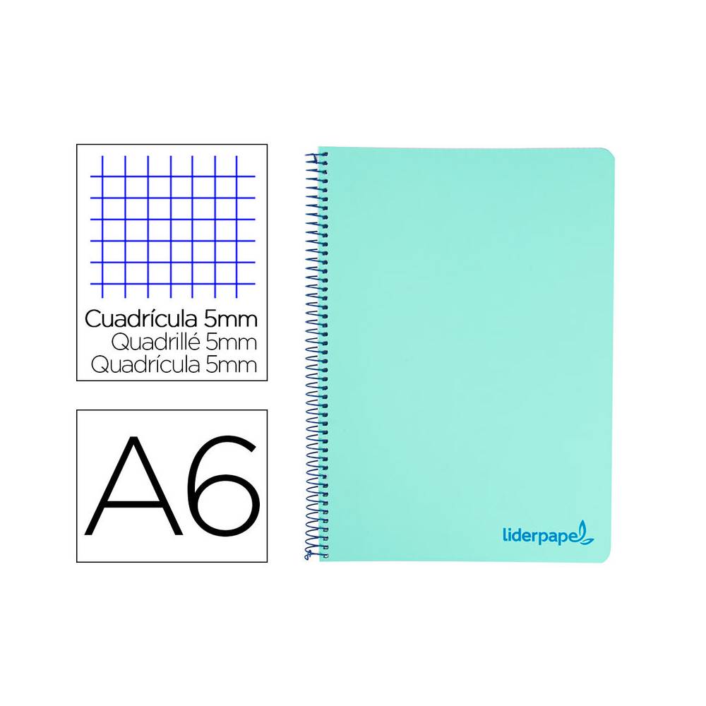 Cuaderno espiral liderpapel a6 micro wonder tapa plastico 120h 90 gr cuadro 5mm 4 bandas color verde