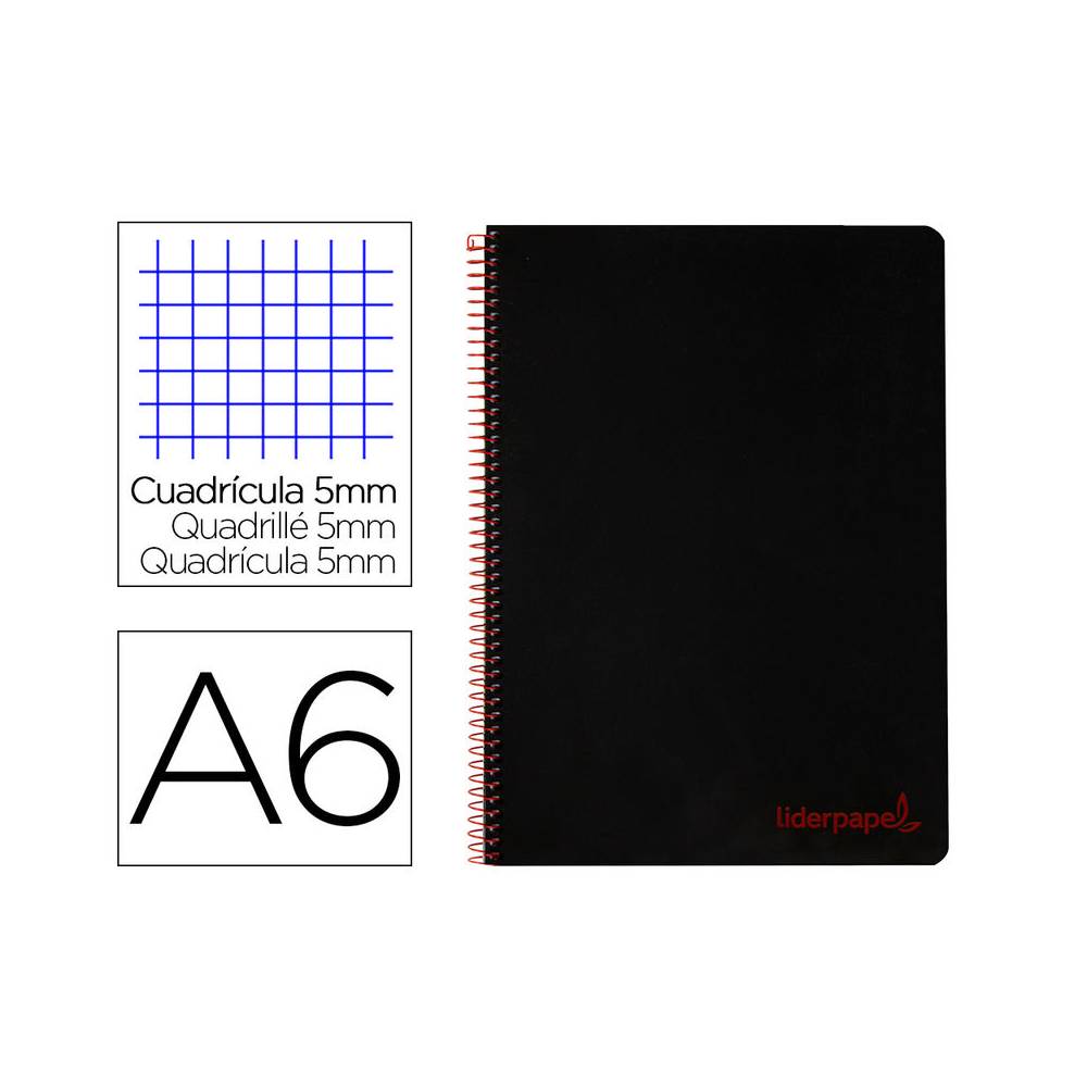 Cuaderno espiral liderpapel a6 micro wonder tapa plastico 120h 90 gr cuadro 5mm 4 bandas color negro