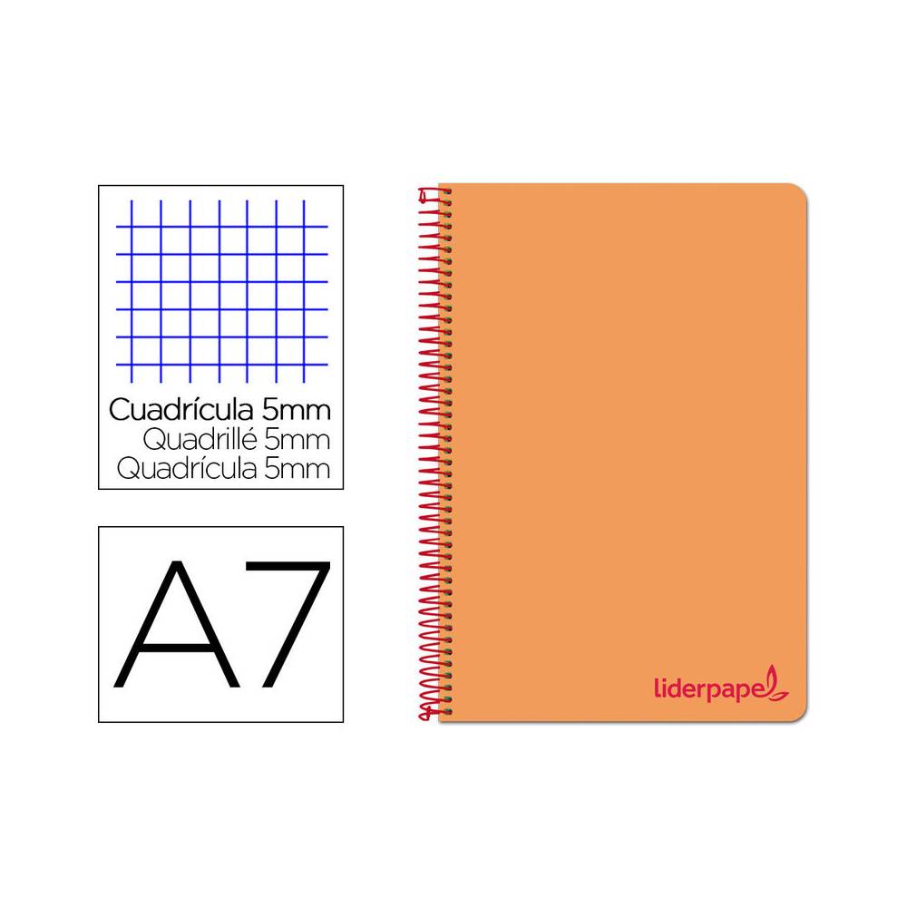 Cuaderno espiral liderpapel a7 micro wonder tapa plastico 100h 90 gr cuadro 5mm 4 bandas color naranja