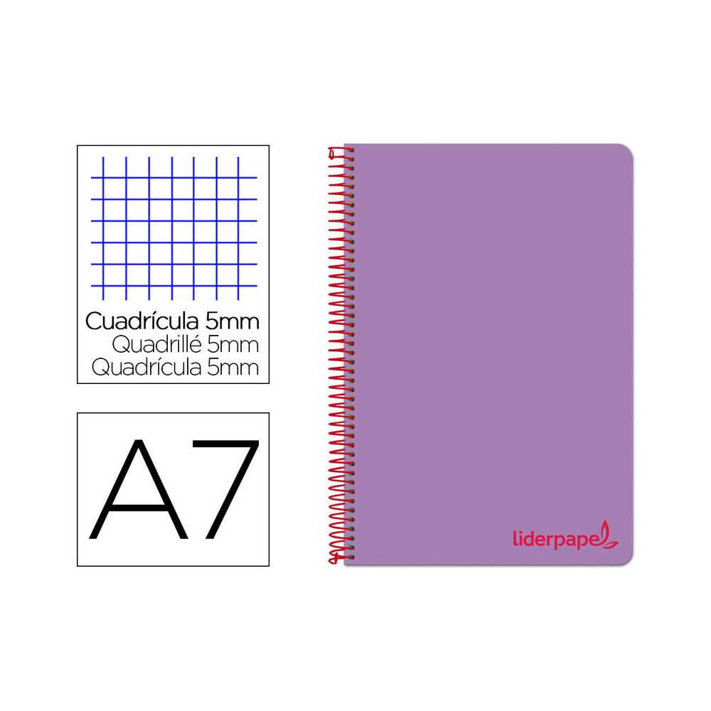 Cuaderno espiral liderpapel a7 micro wonder tapa plastico 100h 90 gr cuadro 5mm 4 bandas color violeta