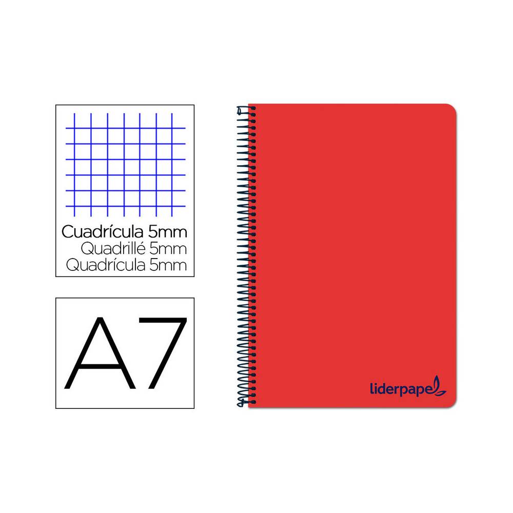 Cuaderno espiral liderpapel a7 micro wonder tapa plastico 100h 90 gr cuadro 5mm 4 bandas color rojo