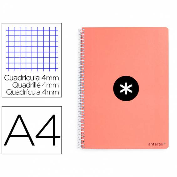 Cuaderno espiral liderpapel a4 antartik tapa dura 80h 90gr cuadro 4mm con margen color coral