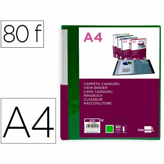 Carpeta liderpapel 80 fundas canguro pp din a4 verde translucido portada y lomo personalizable