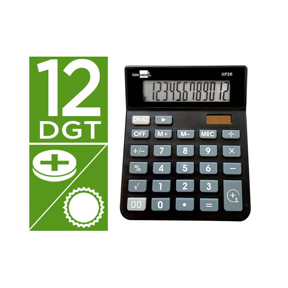 Calculadora liderpapel sobremesa xf26 12 digitos solar y pilas 127x105x24 mm color negro