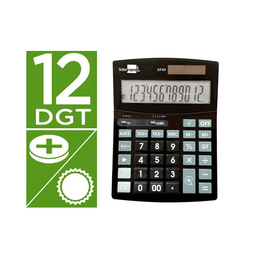 Calculadora liderpapel sobremesa xf30 12 digitos tasas solar y pilas color negro 190x140x30 mm