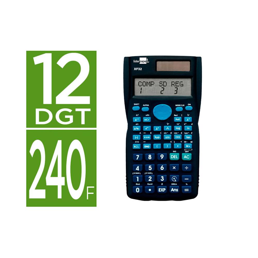 Calculadora liderpapel cientifica xf32 12 digitos 240 funciones con tapa solar y pilas color azul 156x85x20