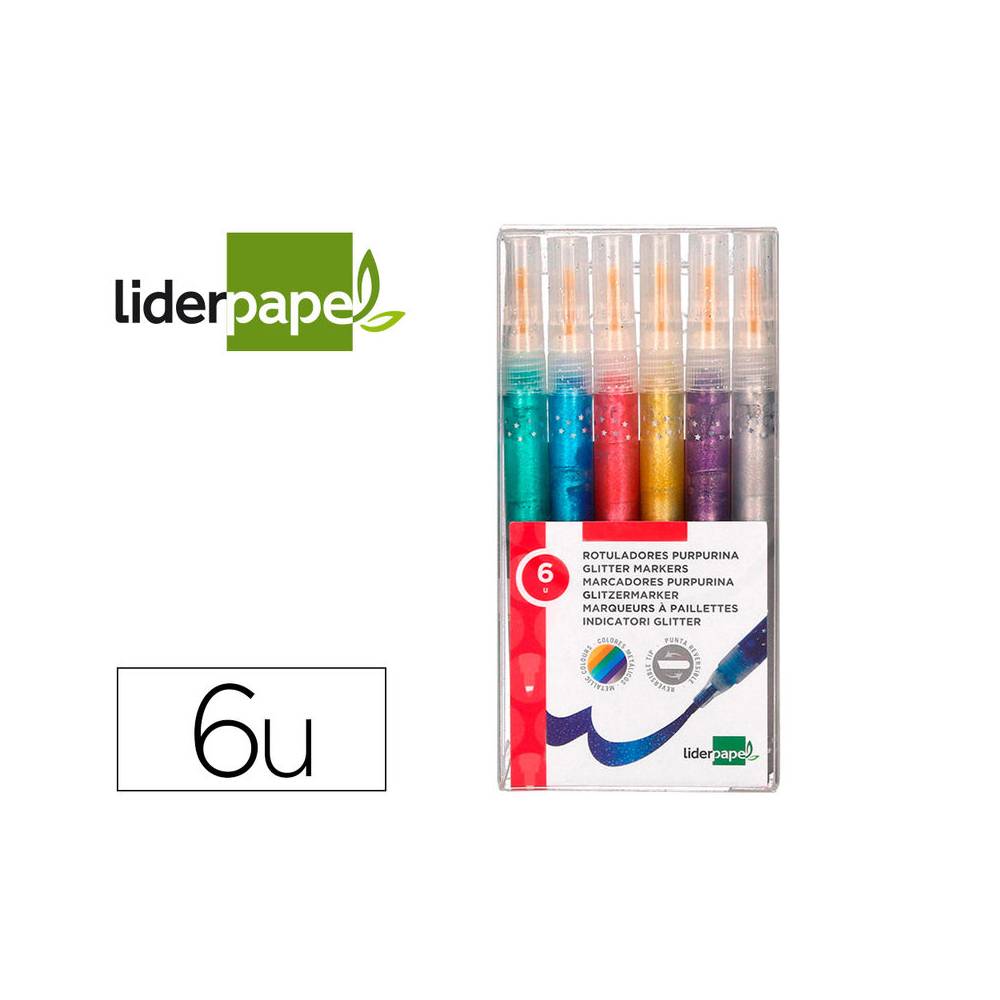 Rotulador liderpapel efecto purpurina metalizada punta reversible bolsa de 6 unidades colores surtidos