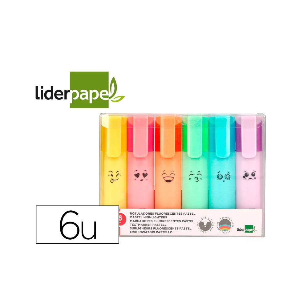 Rotulador liderpapel fluorescente pastel punta biselada estuche de 6 unidades colores surtidos