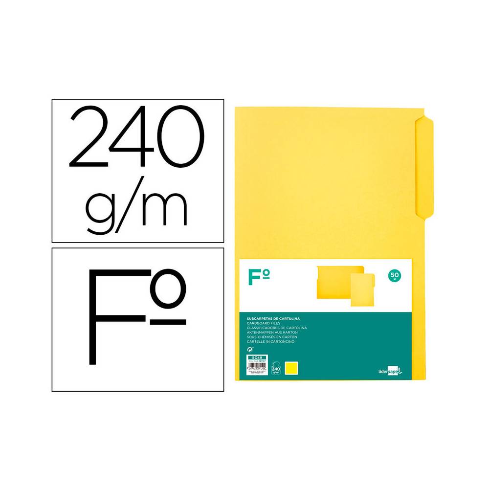 Subcarpeta cartulina liderpapel folio pestaña superior 240g/m2 color amarillo