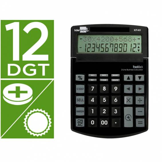 Calculadora liderpapel sobremesa xf40 12 digitos dos lineas solar y pilas negro 175x120x30 mm 40% reciclada