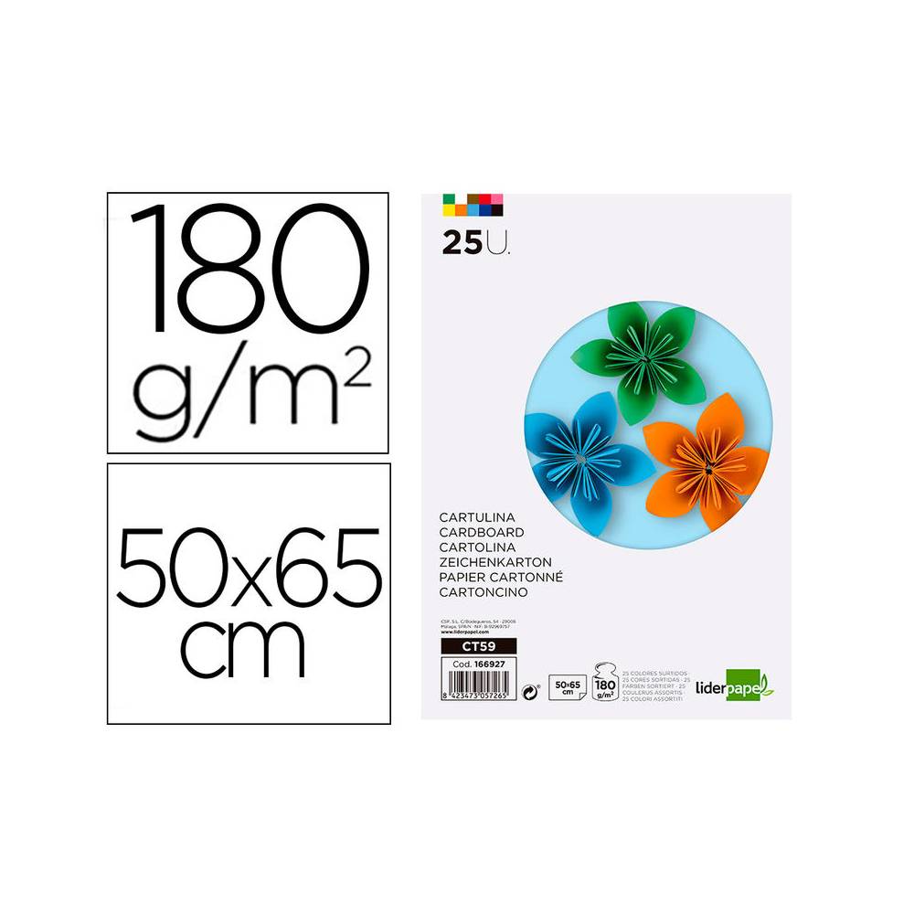 Cartulina liderpapel 50x65 cm 180g/m2 25 colores surtidos paquete de 25 hojas