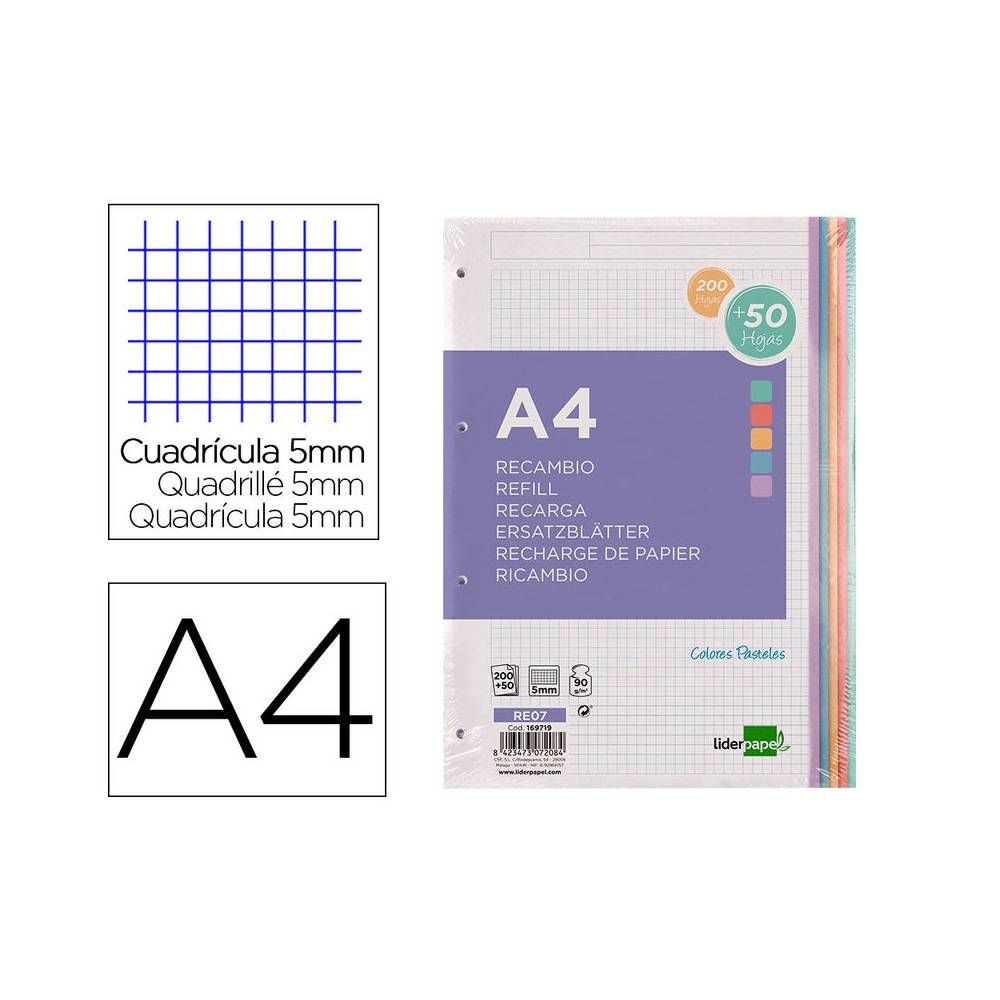 Recambio liderpapel a4 200+50 hojas 90g/m2 cuadro 5 mm 4 taladros bandas de 5 colores