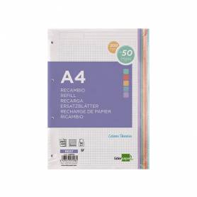 Recambio liderpapel a4 200+50 hojas 90g/m2 cuadro 5 mm 4 taladros bandas de 5 colores