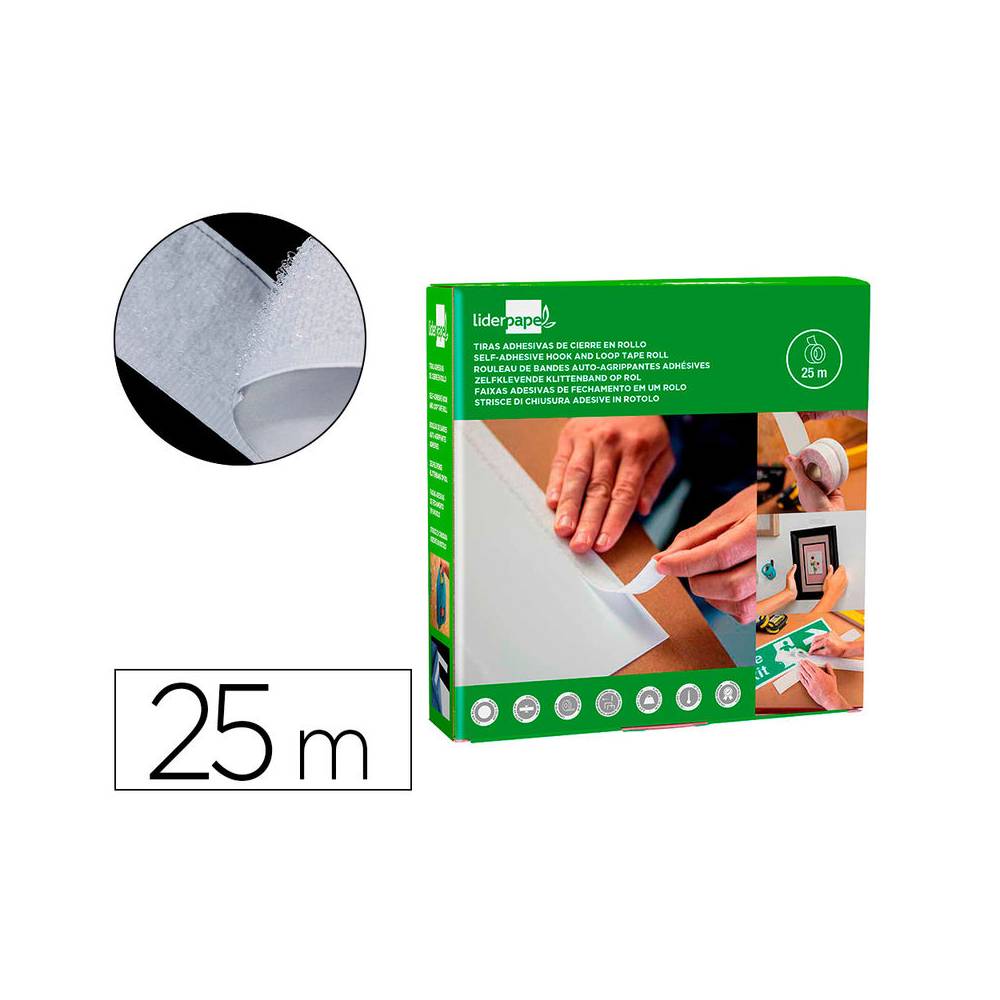 Cinta de cierre adhesiva liderpapel velcro blanco 20mm x 25m