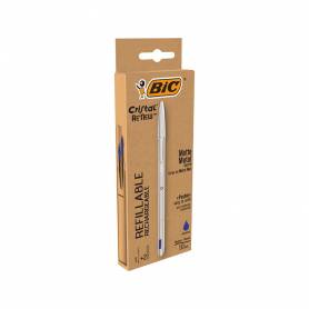 Boligrafo bic cristal renew tinta azul con cuerpo en aluminio mate mas 2 recambios en caja carton