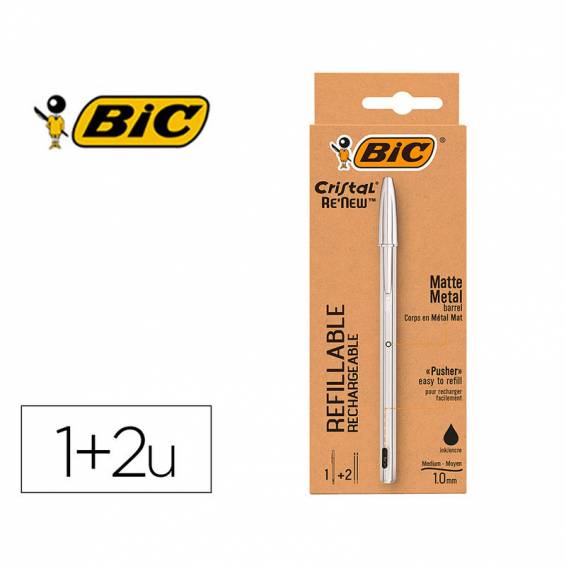 Boligrafo bic cristal renew tinta negra pack de 1 unidad + 2 recambios