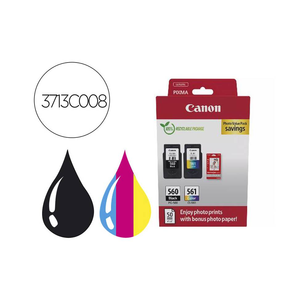 Ink-jet canon photo value pack pg-560 + cl561 + 50 hojas papel foto glossy 10x15 cm - 3713C008