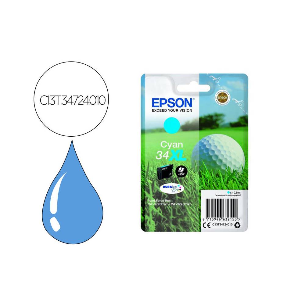 Ink-jet epson work force pro wf-3720dwf 3725dwf cian 34xl durabrite ultra ink 950 paginas - C13T34724010