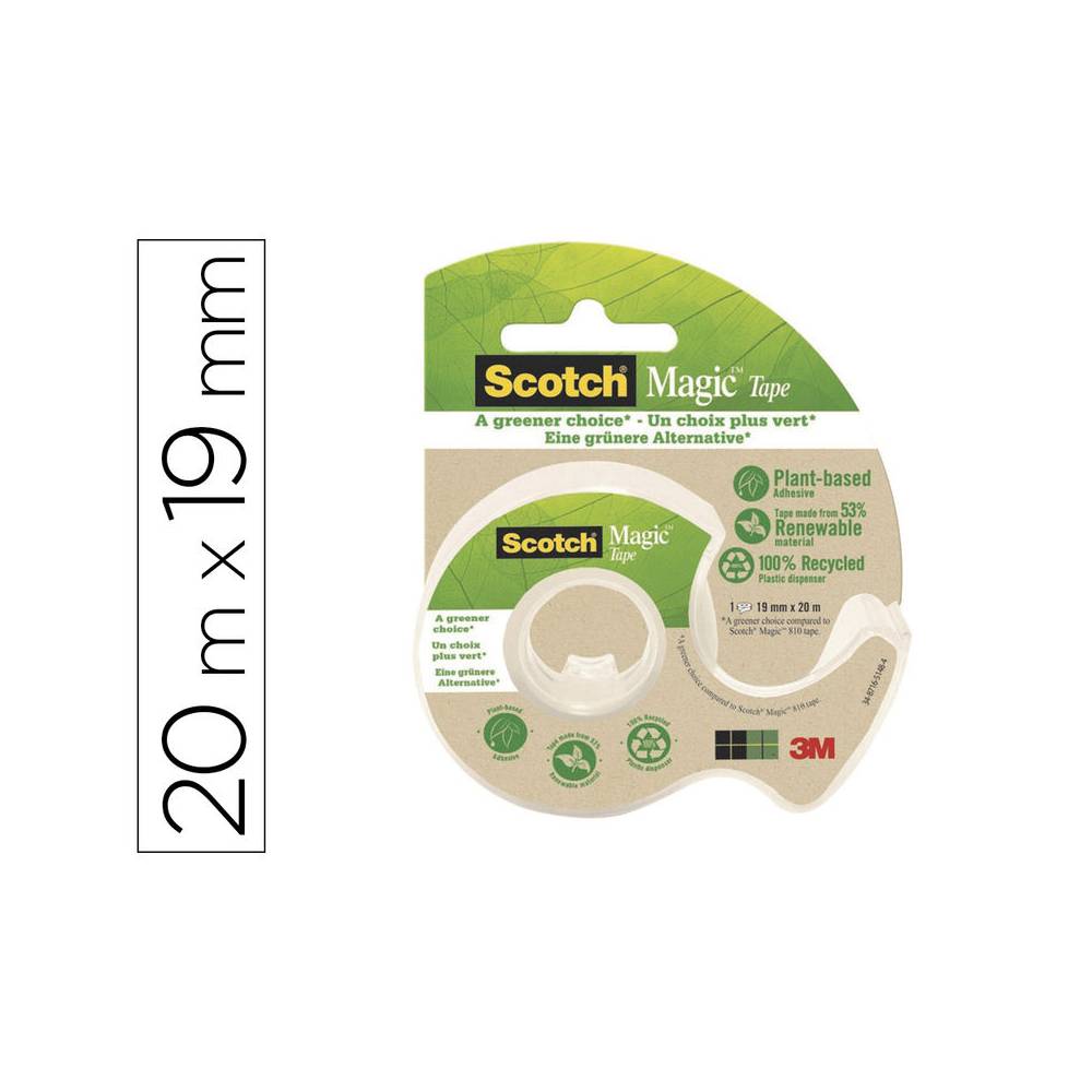 Cinta adhesiva scotch magic invisible 20 mt x 19 mm ecologica en miniportarrollo