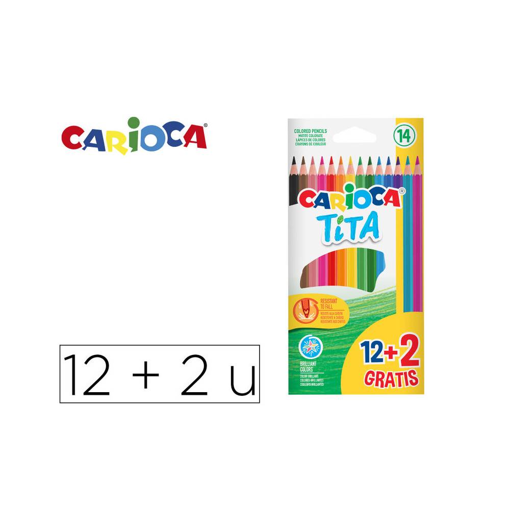 Lapices de colores carioca tita hexagonal 12 unidades colores surtidos + 2 gratis