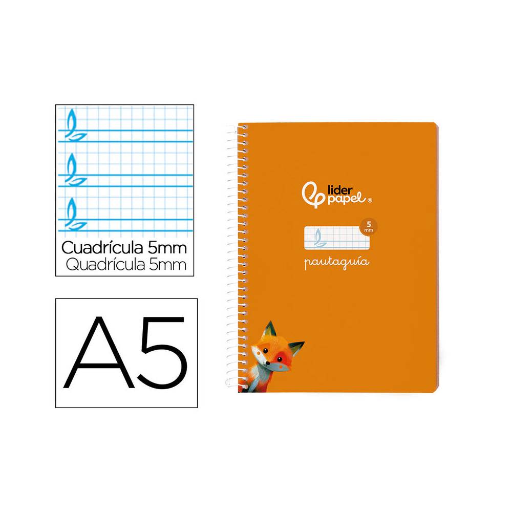 Cuaderno espiral liderpapel di n a5 pautaguia tapa blanda 40h 75 gr cuadro pautado 5mm color naranja - BC121