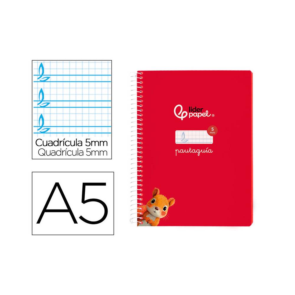 Cuaderno espiral liderpapel di n a5 pautaguia tapa blanda 40h 75 gr cuadro pautado 5mm color rojo - BC122