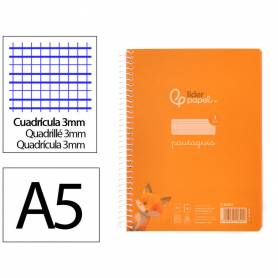 Cuaderno espiral liderpapel din a5 pautaguia tapa plastico 80h 90gr cuadro pautado 3mm color naranja - BE61