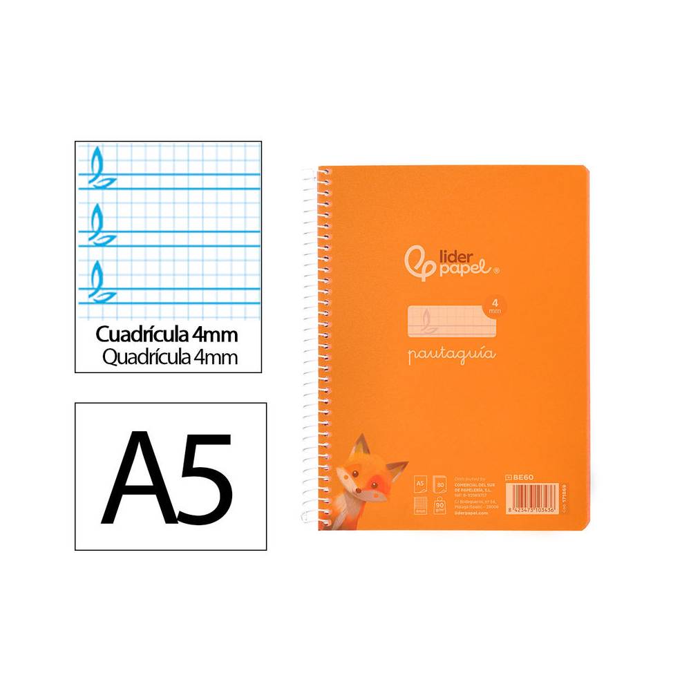 Cuaderno espiral liderpapel din a5 pautaguia tapa plastico 80h 90gr cuadro pautado 4mm color naranja - BE62