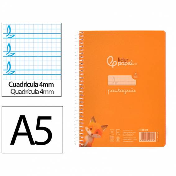 Cuaderno espiral liderpapel din a5 pautaguia tapa plastico 80h 90gr cuadro pautado 4mm color naranja - BE62