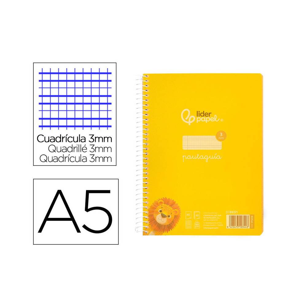 Cuaderno espiral liderpapel din a5 pautaguia tapa plastico 80h 90gr cuadro pautado 3 mm con margen color amarillo - BE51