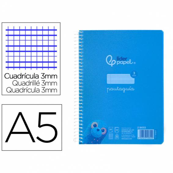 Cuaderno espiral liderpapel din a5 pautaguia tapa plastico 80h 90gr cuadro pautado 3 mm con margen color azul - BE52