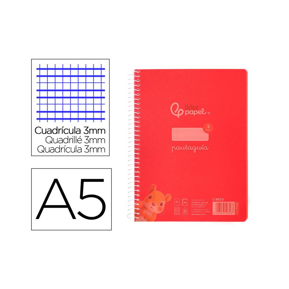 Cuaderno espiral liderpapel din a5 pautaguia tapa plastico 80h 90gr cuadro pautado 3 mm con margen color rojo - BE53