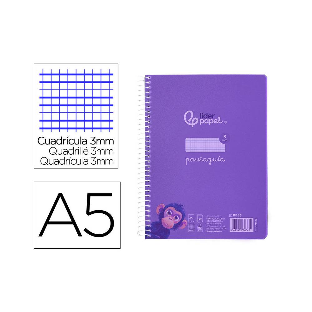 Cuaderno espiral liderpapel din a5 pautaguia tapa plastico 80h 90gr cuadro pautado 3 mm con margen color violeta - BE55