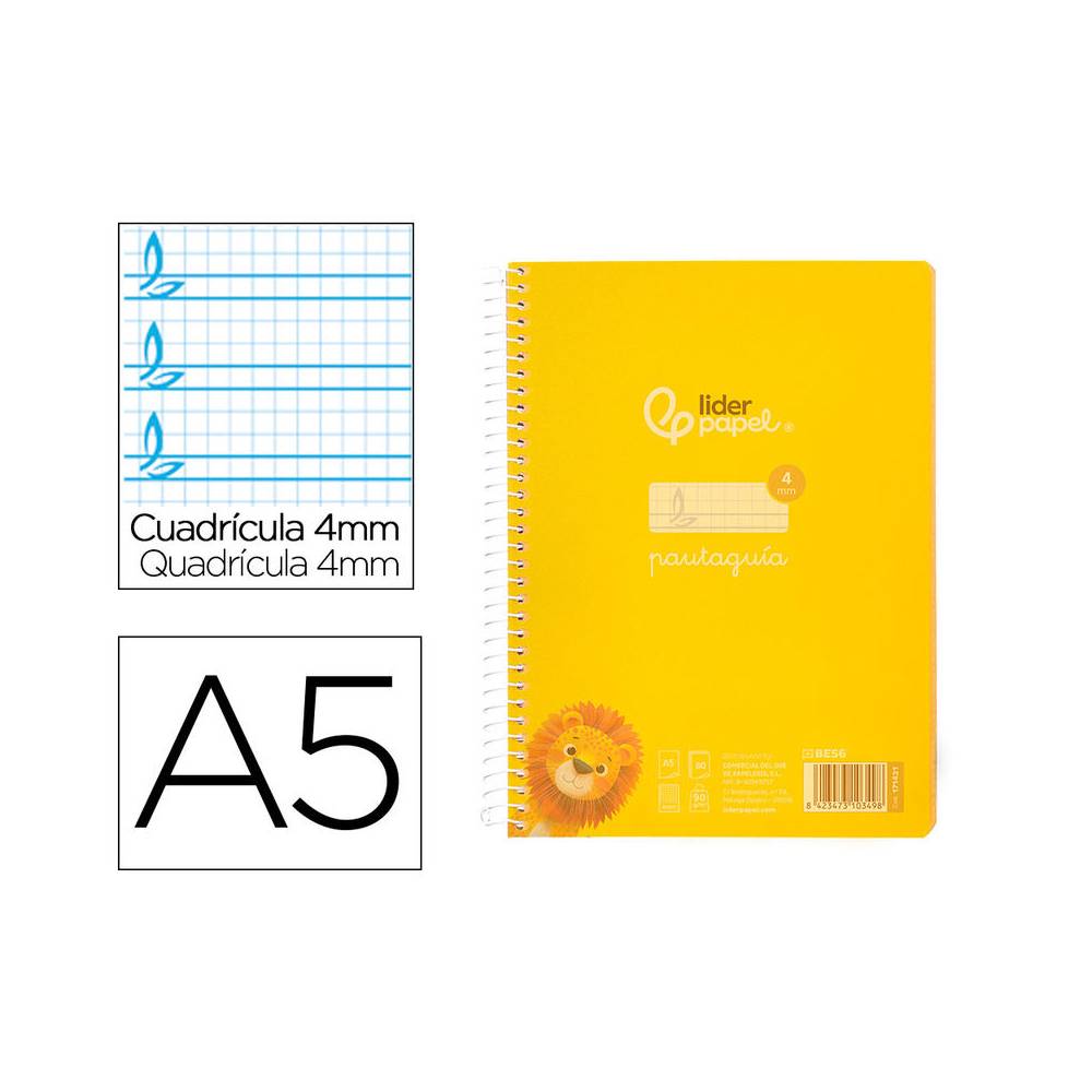 Cuaderno espiral liderpapel din a5 pautaguia tapa plastico 80h 90gr cuadro pautado 4mm con margen color amarillo - BE56