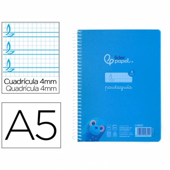 Cuaderno espiral liderpapel din a5 pautaguia tapa plastico 80h 90gr cuadro pautado 4mm con margen color azul - BE57