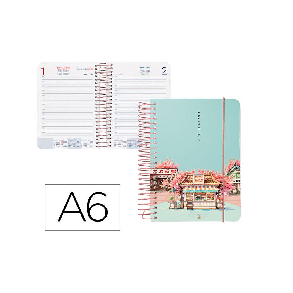 Agenda espiral liderpapel sant orini a6 2025 día página cherry blossoms papel 60 gr - 