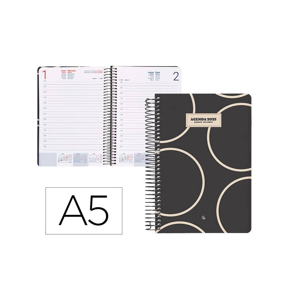 Agenda espiral liderpapel clas sic a5 2025 semana vista blanco y negro 2 papel 70 gr - 