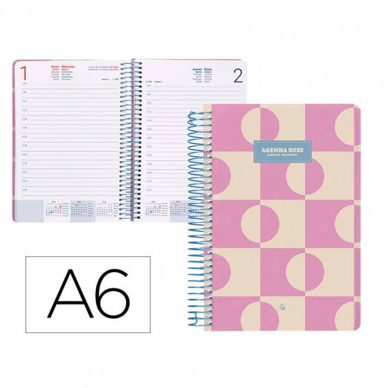 Agenda espiral liderpapel clas sic a6 2025 día página color rosa papel 70 gr - 