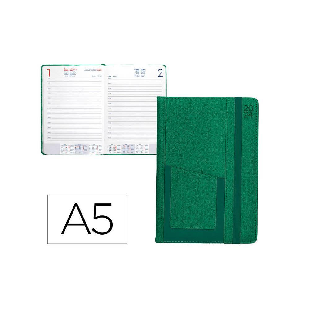 Agenda encuadernada liderpapel saria a5 2025 día página color verde papel 70 gr - 